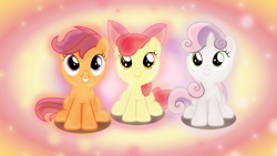 Size: 1600x900 | Tagged: safe, artist:sailortrekkie92, derpibooru import, apple bloom, scootaloo, sweetie belle, on your marks, adorabloom, cute, cutealoo, cutie mark crusaders, diasweetes, looking at you, wallpaper