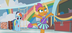 Size: 1298x592 | Tagged: safe, derpibooru import, screencap, rainbow dash, smolder, dragon, pegasus, pony, 2 4 6 greaaat, angry, arms in the air, cheerleader, cheerleader outfit, cheerleader smolder, claws, clothes, coach, coach rainbow dash, coaching cap, coaching whistle, complaining, confused, dragoness, duo, fangs, female, folded wings, frown, gym, horns, looking up, mare, multicolored mane, multicolored tail, rant, skirt, slit eyes, smolder is not amused, teacher and student, teenaged dragon, teenager, whistle necklace