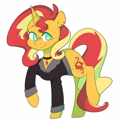 Size: 4096x4096 | Tagged: safe, alternate version, artist:hellscrossing, artist:hellscrossings, sunset shimmer, pony, unicorn, absurd resolution, clothes, cute, ear piercing, female, jacket, leg fluff, mare, no pupils, piercing, shimmerbetes, simple background, solo, white background