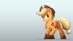 Size: 1920x1080 | Tagged: safe, artist:ncmares, derpibooru import, edit, applejack, earth pony, pony, mud, plot, solo, wallpaper