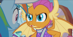 Size: 1299x653 | Tagged: safe, derpibooru import, screencap, ocellus, rainbow dash, smolder, changedling, changeling, dragon, pegasus, pony, 2 4 6 greaaat, angry, betrayal, betrayed, brat, cheerleader, cheerleader outfit, cheerleader smolder, clothes, dragoness, female, mare, rage, sin of pride, smolder is not amused