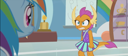 Size: 1287x572 | Tagged: safe, derpibooru import, screencap, rainbow dash, smolder, dragon, pegasus, pony, 2 4 6 greaaat, angry, brat, cheerleader, cheerleader outfit, cheerleader smolder, clenched fist, clothes, dragoness, duo, fangs, female, fist, folded wings, furious, gritted teeth, horns, imminent rage, mare, rage, shrunken pupils, smolder is not amused, teenager, unamused, wings