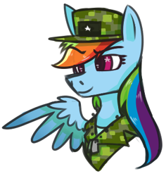 Size: 361x383 | Tagged: safe, artist:star-dragon005, derpibooru import, rainbow dash, pegasus, pony, bust, camouflage, cap, dog tags, eyebrows visible through hair, female, gift art, hat, mare, military uniform, one wing out, simple background, smiling, solo, starry eyes, transparent background, wingding eyes, wings