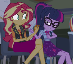 Size: 600x522 | Tagged: safe, screencap, sci-twi, sunset shimmer, twilight sparkle, better together, cheer you on, equestria girls, cellphone, cropped, female, geode of empathy, geode of telekinesis, glasses, magical geodes, phone, smartphone