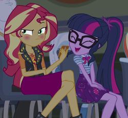 Size: 626x575 | Tagged: safe, screencap, sci-twi, sunset shimmer, twilight sparkle, better together, cheer you on, equestria girls, blushing, cropped, geode of empathy, geode of telekinesis, magical geodes