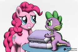 Size: 1000x664 | Tagged: safe, artist:rockingscorpion, pinkie pie, spike, dragon, earth pony, pony, newbie dash, suitcase