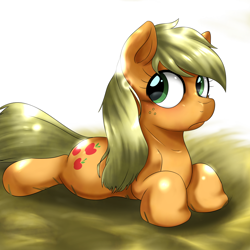 Size: 1000x1000 | Tagged: safe, artist:ushiro no kukan, applejack, earth pony, pony, female, freckles, frown, hatless, loose hair, mare, missing accessory, prone, solo