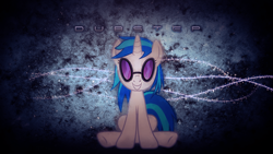 Size: 1920x1080 | Tagged: safe, artist:sandwichhorsearchive, derpibooru import, dj pon-3, vinyl scratch, pony, unicorn, grin, grunge, looking at you, sitting, smiling, solo, sunglasses, text, wallpaper