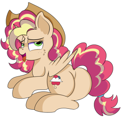Size: 908x880 | Tagged: safe, artist:rainbowtashie, applejack, pinkie pie, rainbow dash, sunset shimmer, oc, oc:queen motherly morning, alicorn, earth pony, pony, alicorn oc, alicorn princess, aroused, bedroom eyes, butt, commissioner:bigonionbean, cowboy hat, cutie mark, drool, extra thicc, female, flank, fusion, fusion:queen motherly morning, hat, horn, mare, plot, simple background, stetson, thicc ass, transparent background, wings, writer:bigonionbean