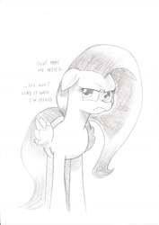 Size: 1240x1754 | Tagged: safe, artist:saturdaymorningproj, fluttershy, pegasus, pony, flutter brutter, floppy ears, fluttershy is not amused, grayscale, monochrome, peeved, simple background, solo, traditional art, white background