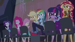 Size: 1920x1080 | Tagged: safe, screencap, applejack, fluttershy, pinkie pie, rainbow dash, rarity, sci-twi, sunset shimmer, twilight sparkle, cheer you on, equestria girls, spoiler:eqg series (season 2), boots, bracelet, chair, clothes, converse, cutie mark on clothes, fluttershy boho dress, geode of empathy, geode of fauna, geode of shielding, geode of sugar bombs, geode of super speed, geode of super strength, geode of telekinesis, glasses, hairpin, hoodie, humane five, humane seven, humane six, jewelry, leather vest, magical geodes, necklace, pencil skirt, ponytail, rah rah skirt, rarity peplum dress, shoes, shoulderless shirt, skirt, sleeveless, sneakers, standing up, stetson, sweatpants, tanktop