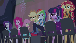 Size: 1920x1080 | Tagged: safe, screencap, applejack, fluttershy, pinkie pie, rainbow dash, rarity, sci-twi, sunset shimmer, twilight sparkle, better together, cheer you on, equestria girls, boots, bracelet, chair, clothes, converse, cutie mark on clothes, fluttershy boho dress, geode of empathy, geode of fauna, geode of shielding, geode of sugar bombs, geode of super speed, geode of super strength, geode of telekinesis, glasses, hairpin, hoodie, humane five, humane seven, humane six, jewelry, leather vest, magical geodes, necklace, pencil skirt, ponytail, rah rah skirt, rarity peplum dress, shoes, shoulderless shirt, skirt, sleeveless, sneakers, standing up, stetson, sweatpants, tanktop