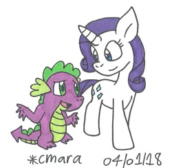 Size: 694x678 | Tagged: safe, artist:cmara, rarity, spike, dragon, pony, unicorn, implied shipping, implied sparity, implied straight, traditional art