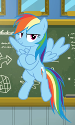 Size: 530x877 | Tagged: safe, derpibooru import, screencap, rainbow dash, pegasus, pony, top bolt, chalkboard, cropped, crossed hooves, female, flying, mare, proud, smiling, solo, spread wings, wings