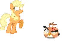 Size: 900x592 | Tagged: safe, artist:pandora010, applejack, earth pony, pony, angry birds, body swap, dahlia (angry birds), hatless, missing accessory, simple background, white background