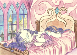 Size: 1600x1132 | Tagged: safe, artist:pedrohander, rarity, pony, unicorn, bed, cute, female, mare, on side, pillow, sleeping, solo, traditional art