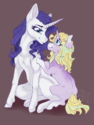 Size: 900x1191 | Tagged: safe, artist:castaspellliana, rarity, oc, oc:precious, pony, unicorn, blank flank, duo, female, filly, looking at each other, magical lesbian spawn, mare, mother and child, mother and daughter, next generation, offspring, parent and child, parent:rarity, parent:twilight sparkle, parents:rarilight, simple background, smiling