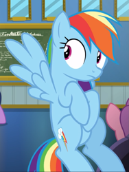 Size: 707x938 | Tagged: safe, derpibooru import, screencap, rainbow dash, pegasus, pony, top bolt, chalkboard, cropped, female, flying, mare, offscreen character, solo, solo focus, spread wings, wings