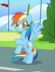 Size: 350x457 | Tagged: safe, derpibooru import, screencap, rainbow dash, pegasus, pony, top bolt, bipedal, cropped, female, goggles, mare, raised hoof, smiling, solo, spread wings, wings