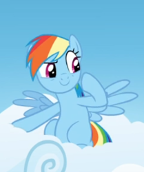 Size: 314x375 | Tagged: safe, derpibooru import, screencap, rainbow dash, pegasus, pony, top bolt, cloud, cropped, female, mare, raised eyebrow, sitting, smiling, smirk, solo, spread wings, wings