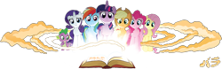 Size: 1200x375 | Tagged: safe, artist:tonyfleecs, derpibooru import, editor:lord valtasar, applejack, fluttershy, pinkie pie, rainbow dash, rarity, spike, twilight sparkle, twilight sparkle (alicorn), alicorn, dragon, earth pony, pegasus, pony, unicorn, banner, book, mane seven, mane six, mlpforums, worried