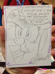 Size: 600x800 | Tagged: safe, artist:andypriceart, derpibooru import, twilight sparkle, caught, denial, fanfic, implied twixie, nervous, shipper on deck, telling lies, traditional art, twilight loves fanfiction