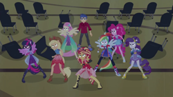 Size: 1920x1080 | Tagged: safe, screencap, applejack, flash sentry, fluttershy, pinkie pie, rainbow dash, rarity, sci-twi, sunset shimmer, twilight sparkle, better together, cheer you on, equestria girls, high angle, humane five, humane seven, humane six, ponied up, sleeveless