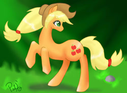 Size: 750x550 | Tagged: safe, artist:x-piiu, applejack, earth pony, pony, looking, solo, table