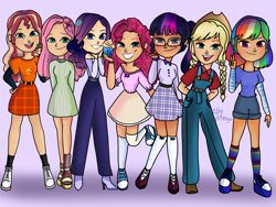 Size: 2048x1536 | Tagged: safe, artist:saltymango, applejack, fluttershy, pinkie pie, rainbow dash, rarity, sci-twi, sunset shimmer, twilight sparkle, human, alternate clothes, clothes, converse, humane five, humane seven, humane six, humanized, looking at you, overalls, plaid skirt, shoes, smiling