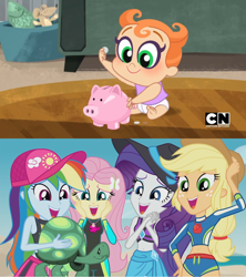 Size: 1276x1440 | Tagged: safe, derpibooru import, edit, edited screencap, screencap, applejack, fluttershy, rainbow dash, rarity, tank, aww... baby turtles, better together, equestria girls, baby, barbara gordon, cartoon network, dc superhero girls