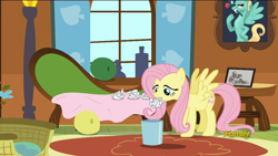 Size: 1920x1080 | Tagged: safe, screencap, fluttershy, zephyr breeze, pegasus, pony, flutter brutter, discovery family logo, female, fluttershy is not amused, frown, lidded eyes, mare, mouth hold, solo, spread wings, tissue, you know for kids