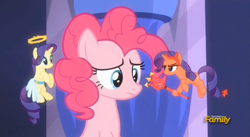 Size: 2265x1241 | Tagged: safe, screencap, pinkie pie, rarity, earth pony, pony, unicorn, the saddle row review, angel rarity, devil rarity, discovery family logo, fake wings, halo, haylo, pitchfork, shoulder angel, shoulder devil