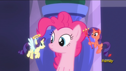 Size: 1920x1080 | Tagged: safe, screencap, pinkie pie, rarity, earth pony, pony, unicorn, the saddle row review, angel rarity, devil rarity, discovery family logo, fake wings, halo, haylo, horns, pitchfork, shoulder angel, shoulder devil