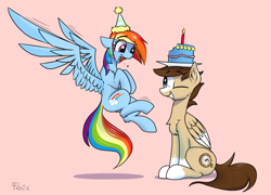 Size: 3844x2766 | Tagged: safe, artist:fenixdust, derpibooru import, rainbow dash, oc, oc:skittle, pegasus, pony, birthday, birthday cake, cake, canon x oc, female, flying, food, male, shipping, skidash