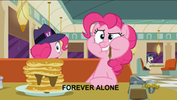 Size: 1280x720 | Tagged: safe, screencap, lucky breaks, pinkie pie, earth pony, pony, the saddle row review, clone, diane, discovery family logo, forever alone, it's happened and now we can't stop it, meme, pinkie clone, sad, the clone that got away