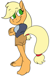 Size: 911x1377 | Tagged: safe, artist:silverscarf, derpibooru exclusive, applejack, anthro, plantigrade anthro, barefoot, feet, looking back, smiling, solo, toes