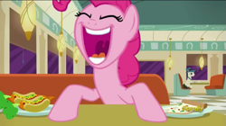 Size: 853x479 | Tagged: safe, screencap, pinkie pie, earth pony, pony, the saddle row review, carrot, carrot dog, discovery family logo, eyes closed, food, open mouth, pizza, restaurant