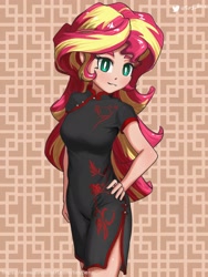 Size: 1536x2048 | Tagged: safe, artist:tinybenz, sunset shimmer, human, equestria girls, cheongsam, clothes, cute, female, hand on hip, human coloration, humanized, looking at you, shimmerbetes, side slit, solo