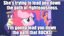 Size: 612x350 | Tagged: safe, edit, edited screencap, screencap, pinkie pie, rarity, earth pony, pony, unicorn, the saddle row review, angel rarity, devil rarity, haylo, image macro, meme, shoulder angel, shoulder devil, the emperor's new groove