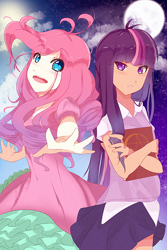 Size: 600x900 | Tagged: safe, artist:revereiia, derpibooru import, pinkie pie, twilight sparkle, human, belly button, humanized, pixiv