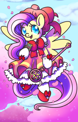 Size: 900x1400 | Tagged: safe, artist:holly--jolly, fluttershy, pegasus, pony, card, cardcaptor sakura, clothes, crossover, dress, magical girl, solo, staff