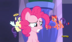 Size: 803x469 | Tagged: safe, screencap, pinkie pie, rarity, earth pony, pony, unicorn, the saddle row review, angel rarity, devil rarity, discovery family logo, haylo