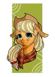 Size: 822x1144 | Tagged: safe, artist:tomat-in-cup, applejack, earth pony, pony, bust, clothes, female, floppy ears, freckles, hat, mare, scarf, simple background, smiling, solo, transparent background