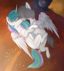 Size: 1808x2000 | Tagged: safe, princess celestia, oc, oc:light knight, alicorn, pegasus, pony, canon x oc, kissing, lightestia