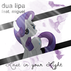 Size: 800x800 | Tagged: safe, artist:penguinsn1fan, artist:rubez2525, rarity, pony, unicorn, cover, dua lipa, lost in your light, parody, scrunchy face, solo