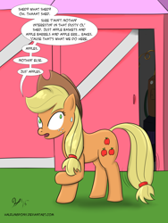 Size: 2100x2800 | Tagged: safe, artist:halflingpony, applejack, earth pony, pony, accent, distillery, liar face, liarjack, moonshine, nervous, newbie artist training grounds, shed, solo, still, suspiciously specific denial, sweat