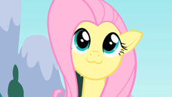 Size: 1280x720 | Tagged: safe, edit, edited screencap, screencap, fluttershy, pegasus, pony, :3, cute, female, looking up, mare, mountain, shyabetes, sky, smiling, solo