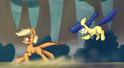 Size: 1280x704 | Tagged: safe, artist:heir-of-rick, applejack, fiddlesticks, earth pony, monster pony, original species, pony, tatzlpony, apple family member, miss pie's monsters, missing cutie mark, rope, running, tatzljack