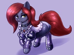 Size: 1032x774 | Tagged: safe, artist:noupie, derpibooru import, oc, oc only, oc:jessi-ka, pony, clothes, collar, dominatrix, female, latex, latex dress, latex socks, maid, mare, rubber, socks, solo