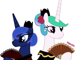 Size: 1889x1518 | Tagged: safe, artist:roger334, princess celestia, princess luna, alicorn, pony, alternate hairstyle, fan, mexico, simple background, transparent background